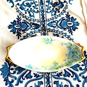 Vintage blue and white with gold edging hand painted oval shaped dish